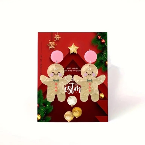 NEW Gingerbread Stud Dangle Earrings with Pink Bow - Picture 2 of 8